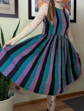 Vintage Teal, Purple & Black Striped 50s Dress
